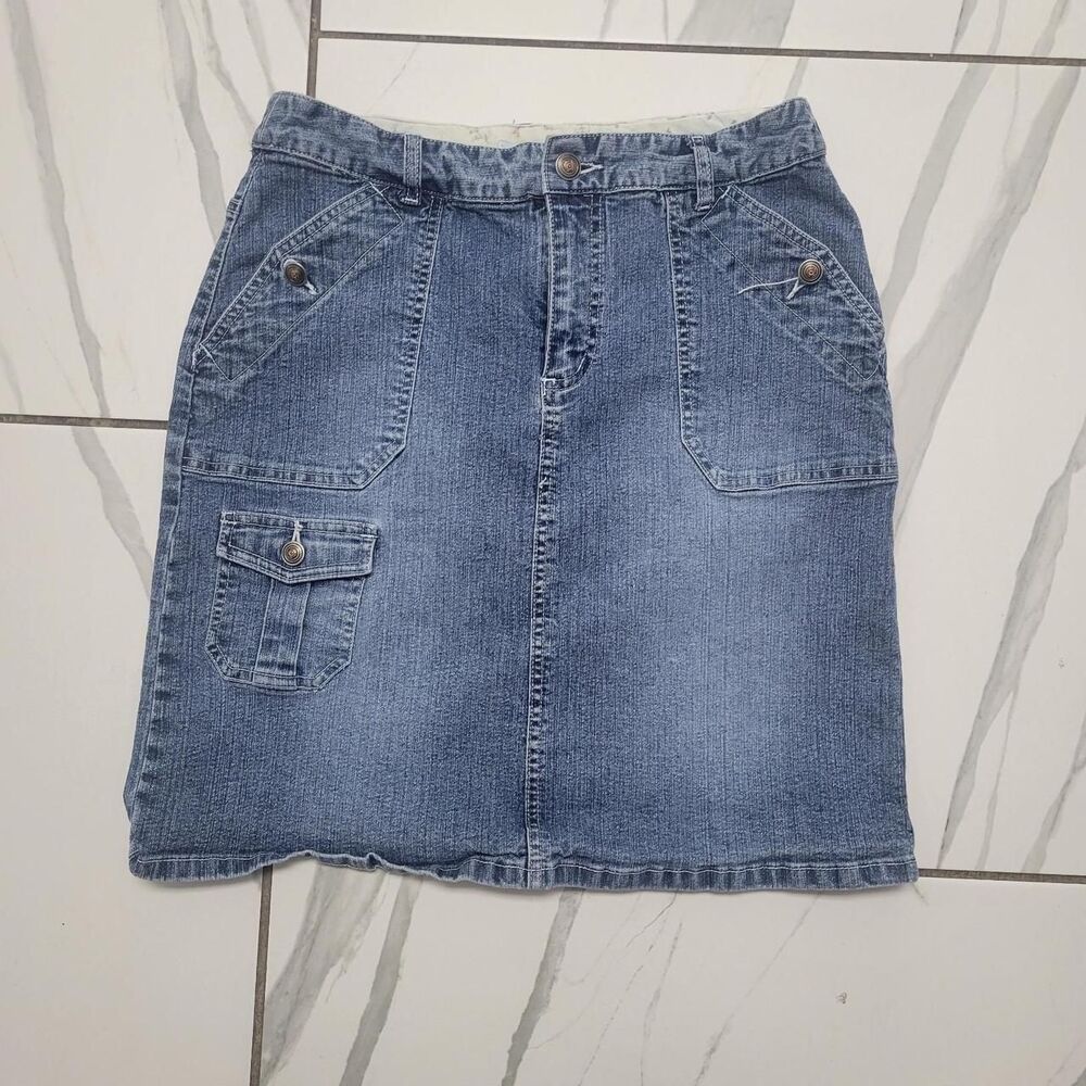 Y2K Denim Utility Mini Skirt Cargo Pocket Medium Wash Stretch 8